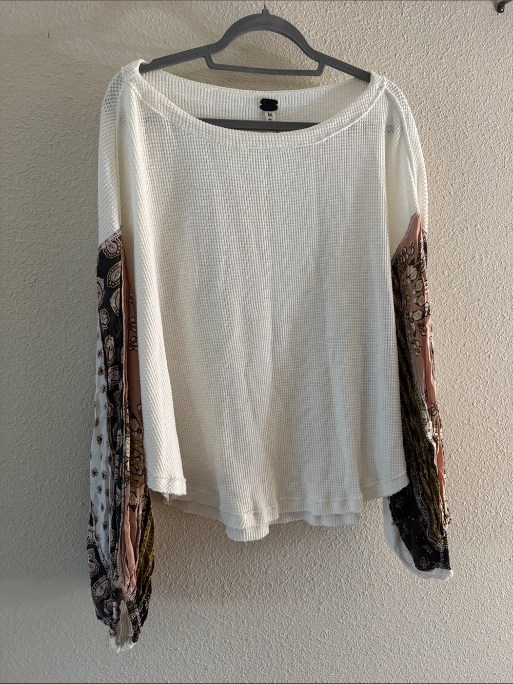 Free People Boho-Inspired White Waffle Knit Top with Patterned Balloon Sleeves